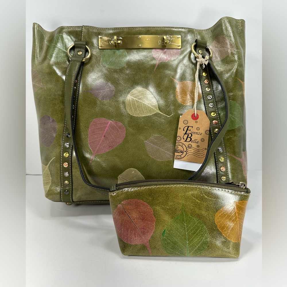 NWT - Firenze Bella “Live Leaf" Leather Tote Bag w/ Pull-out Pouch - OLI…